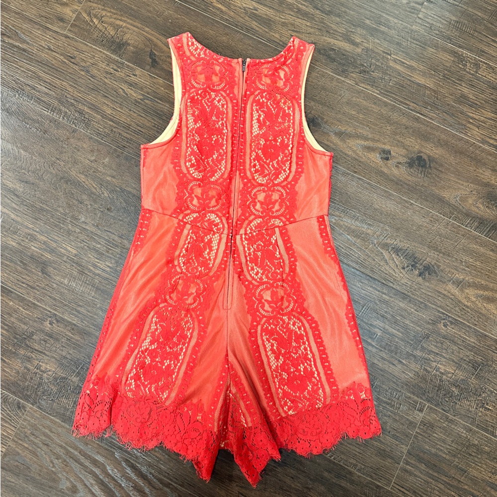 MAY & JULY RED LACE NUDE SHORTS SLEEVELESS ROMPER - Picture 4 of 7